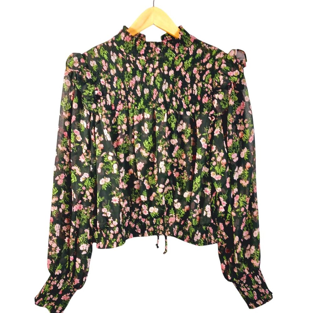 Olivaceous Medium Top, Floral, Ruffled, Smocked, Cottage Core, Boho, Blk/Grn/Pnk